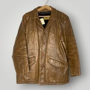 Vintage Robert Louis Leather Overcoat Removable Fleece Lining Men's XL Brown